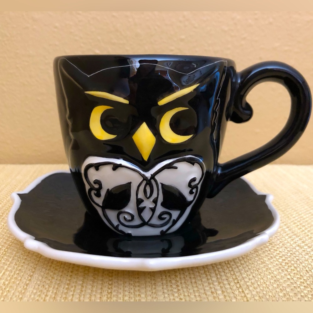 BLUE SKY CLAYWORKS Ceramic Owl Cup & Saucer Set Black/White Halloween~RARE~NWT
